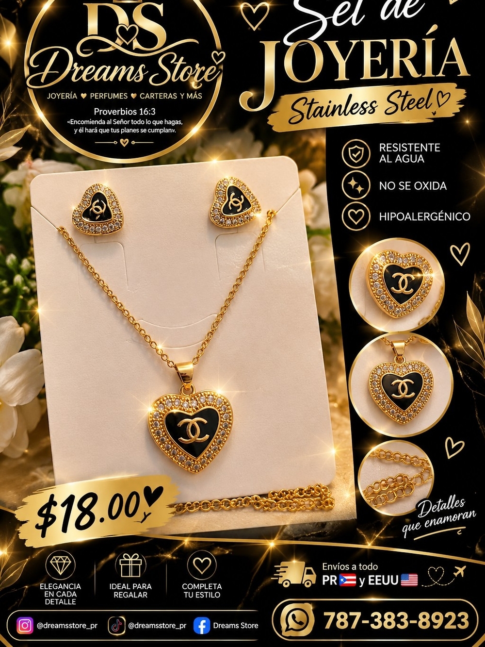 Gold Heart Necklace and Earring Set - Black & Gold